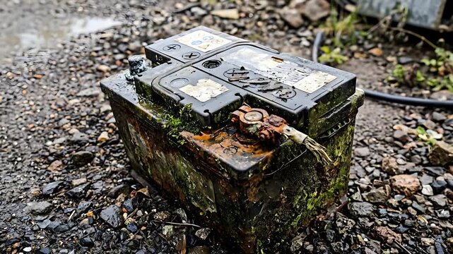 Aged Gray Car Battery Covered in Moss and Rust Sits on Rough Gravel Ground