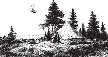 A vector illustration of a canvas camping tent in a forest. A vintage outdoor vector illustration. © PanzaDesign