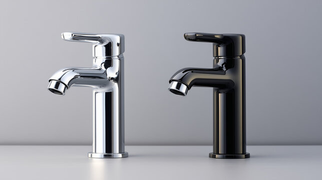 Modern silver and matte black faucets on white background, designer plumbing options, contemporary hardware selection, home renovation