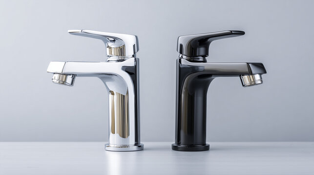 Trio of silver and black bathroom faucets on white background, professional hardware display, minimalist plumbing design, renovation choice