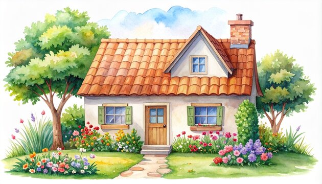 Niedliches Aquarell-Landhaus mit Ziegeldach und Blumen &ndash; L&auml;ndliche Illustration