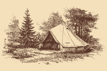 A vector illustration of a canvas camping tent in a forest. A vintage outdoor vector illustration. © PanzaDesign