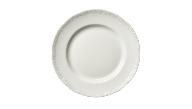 Ornate white ceramic dinner plate with embossed floral rim, isolated on transparent background