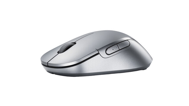 Ergonomic silver wireless computer mouse with scroll wheel, isolated on transparent background