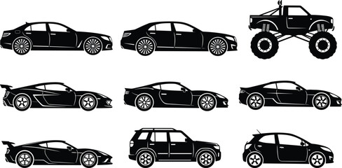 Car silhouettes collection, sports cars, SUV, sedan, monster truck, automotive set, black vector illustration, vehicle icons, transport design © Saifun