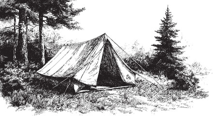 A vector illustration of a canvas camping tent in a forest. A vintage outdoor vector illustration. © PanzaDesign