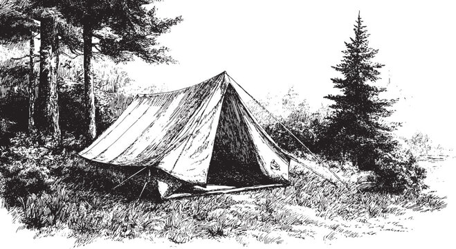 A vector illustration of a canvas camping tent in a forest. A vintage outdoor vector illustration.