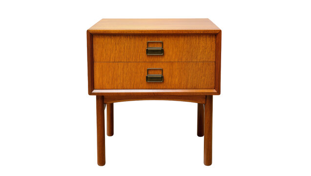 Mid-century modern teak nightstand with two drawers and brass handles, isolated on transparent background