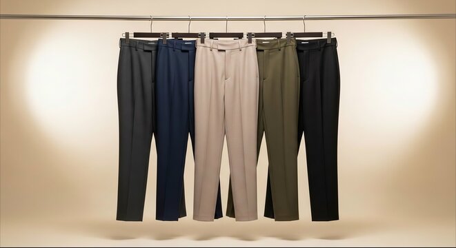 Row of professional formal trousers hanging on clothing rack