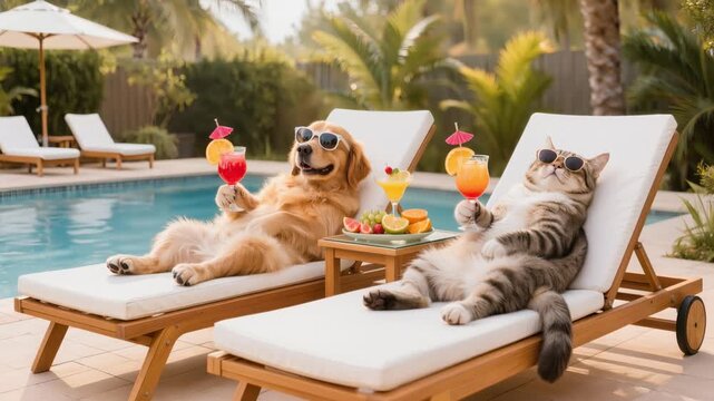 Golden dog and striped cat lounging by a pool with sunglasses and colorful cocktails. Humorous anthropomorphic scene conveys luxury отдых, summer fun, and playful relaxation.