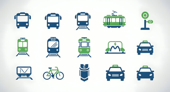 Public Transport Icons: Bus, Tram, Train, Bicycle, Taxi, Metro
