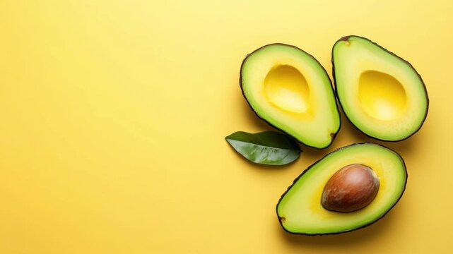 Fresh avocado halves with pit arranged on a bright yellow background with a green leaf. Minimal food composition emphasizes healthy fats, nutrition, and modern clean style.