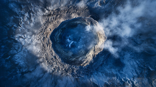 Aerial view of a volcanic crater with a dark blue lake at its center, showcasing rugged terrain and geological formations.