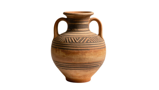 Ancient terracotta amphora with geometric patterns, isolated on transparent background