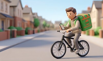 Naklejka premium [3D] クレイアニメ風の自転車でフードデリバリーをする配達員（副業・ギグワーク）