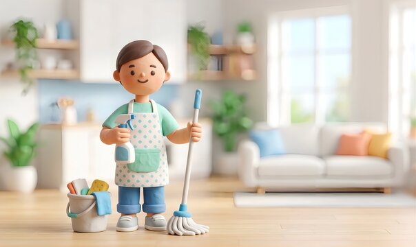 [3D] クレイアニメ風の家事代行をする人物（副業・スキル活用）