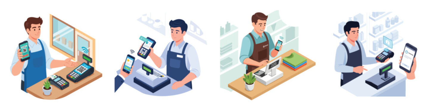 Smart Payment System: A series of illustrations show a cashier using a modern payment system, showcasing the seamless process of contactless transactions for customer convenience.