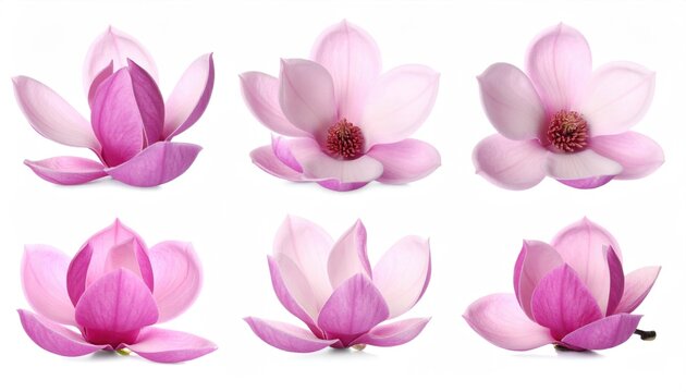 magnolia flowers isolated on white, set 