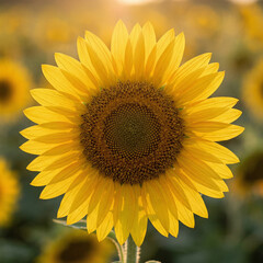 Obraz premium Close up of single sunflower in full bloom with golden backlight against blurred sunflower field background