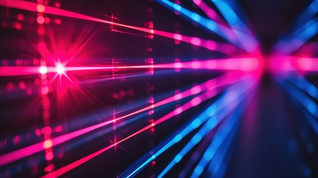 Wave interference bands from laser light beams creating dynamic geometric patterns with pink and blue monochromatic wavelengths radiating through optical space precision