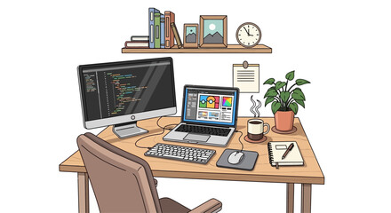 Fototapeta premium Cozy Home Office Desk Setup with Laptop, Computer, Books and Plant