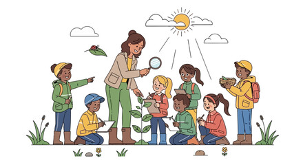 Fototapeta premium Children Learning Nature Science Outdoors with Teacher