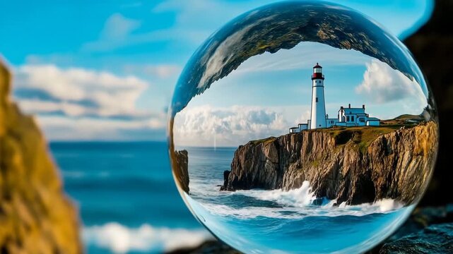 Glass sphere encasing lighthouse on cliff with ocean waves crashing below