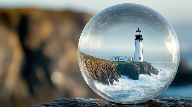 Glass sphere encasing lighthouse on cliff with ocean waves crashing below