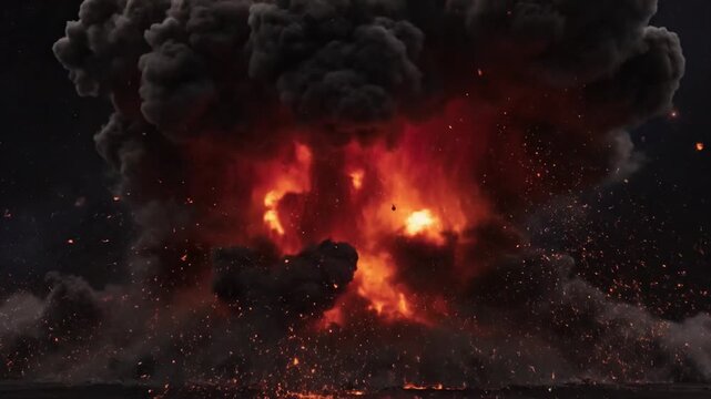 Massive nuclear explosion mushroom cloud erupts in fiery spectacle against starry night sky