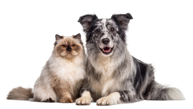 Fluffy Ragdoll cat and a happy Border Collie dog sitting together, isolated on transparent background