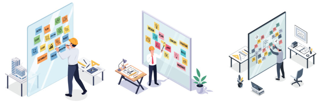 Innovative Idea and Strategic Planning: The scene unveils a collaborative work environment with professionals brainstorming, strategizing, and organizing ideas on transparent boards. 