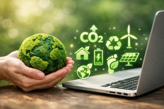 Sustainable technology and carbon footprint reduction with green energy CO2 emissions and environmental impact concept