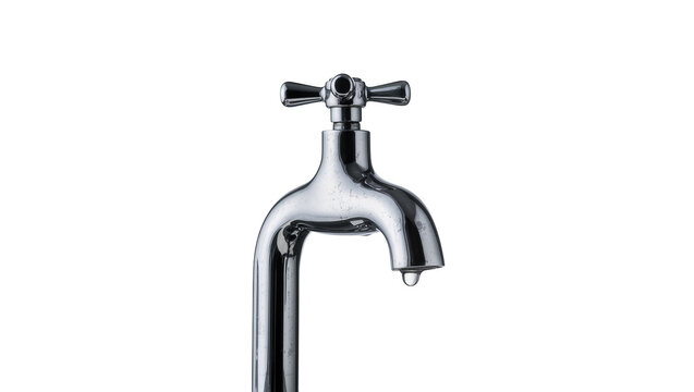 Chrome water tap with a single drop of water falling, isolated on transparent background