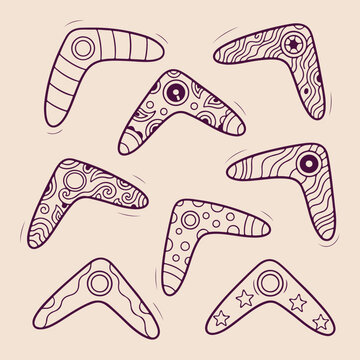 Traditional australian boomerang weapon collection, hand drawn curved hunting tool illustration, wooden throwing stick doodle set, ethnic indigenous hunting gear design, outback survival weapon icons,