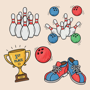 Professional bowling equipment collection, hand drawn pins and ball illustration, bowling trophy and shoes design, sports competition elements set, striking bowling pins doodle, recreational hobby ico