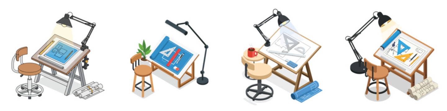 Isometric architectural workstations with drawing boards, lamps, stools, and drafting supplies for design and planning