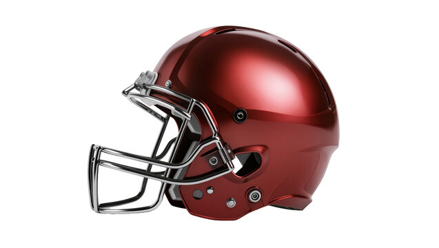 Shiny metallic red American football helmet with silver facemask, isolated on transparent background