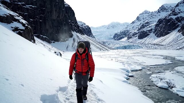 Hiker in snowy mountain valley.