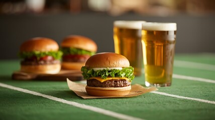 gourmet burgers and beer on football field table for game day
