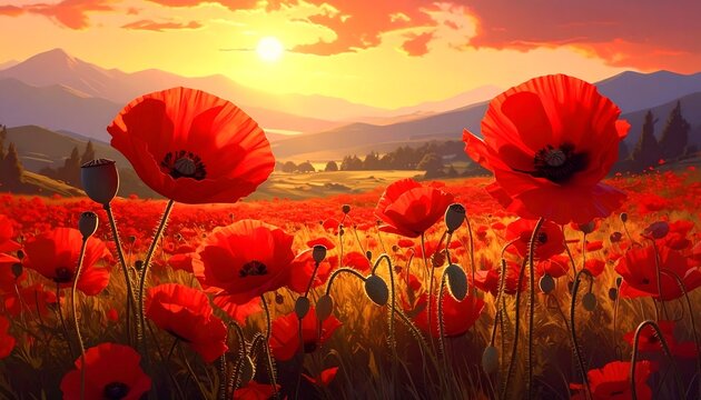 Vibrant poppy field at sunset with mountains