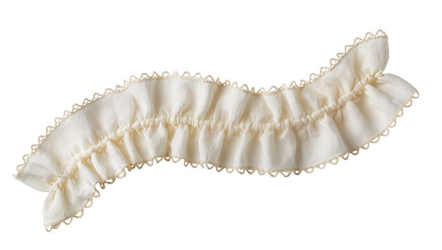 Cream fabric ruffle trim with scalloped edge, isolated on transparent background