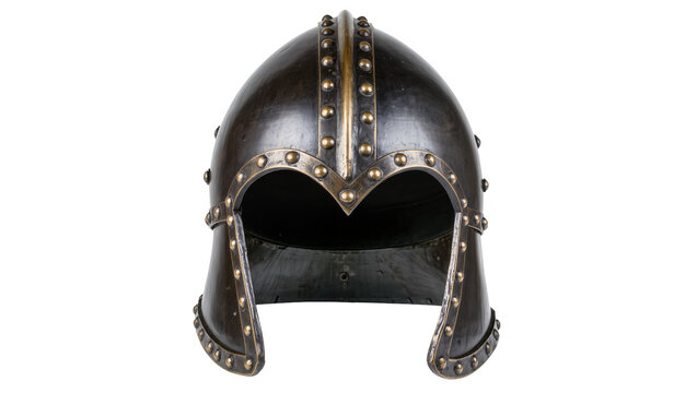 Dark metal medieval helmet with brass rivets, isolated on transparent background