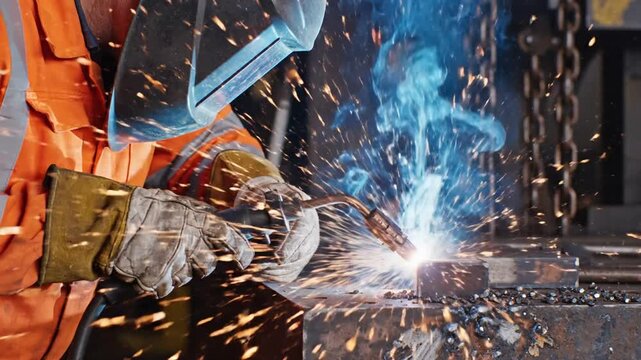 Welder works with metal sparks.