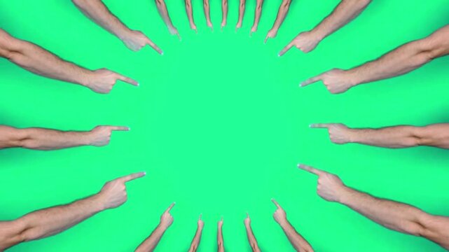 Many Hands Pointing to the Center on Green Screen Background