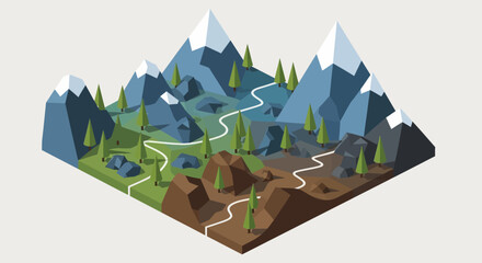 Naklejka premium Isometric mountain landscape with winding paths and trees.