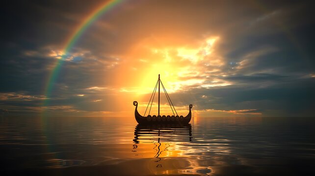 Viking longship sailing under rainbow at sunset
