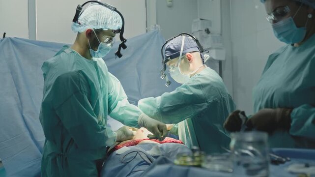 Medical group team of professional surgeons operating patient innovative organ transplantation in modern clinic three doctors interns practitioners operate together in hospital medicine health surgery