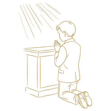 Klęczący chłopiec modlący się przy ołtarzu. Grafika na zaproszenia komunijne, kartki religijne i dewocjonalia.