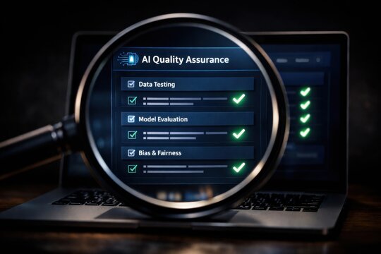 AI quality assurance and testing process with data validation model evaluation and bias fairness analysis