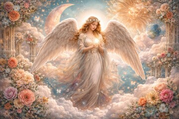 Fototapeta premium Ethereal angel amidst celestial beauty.